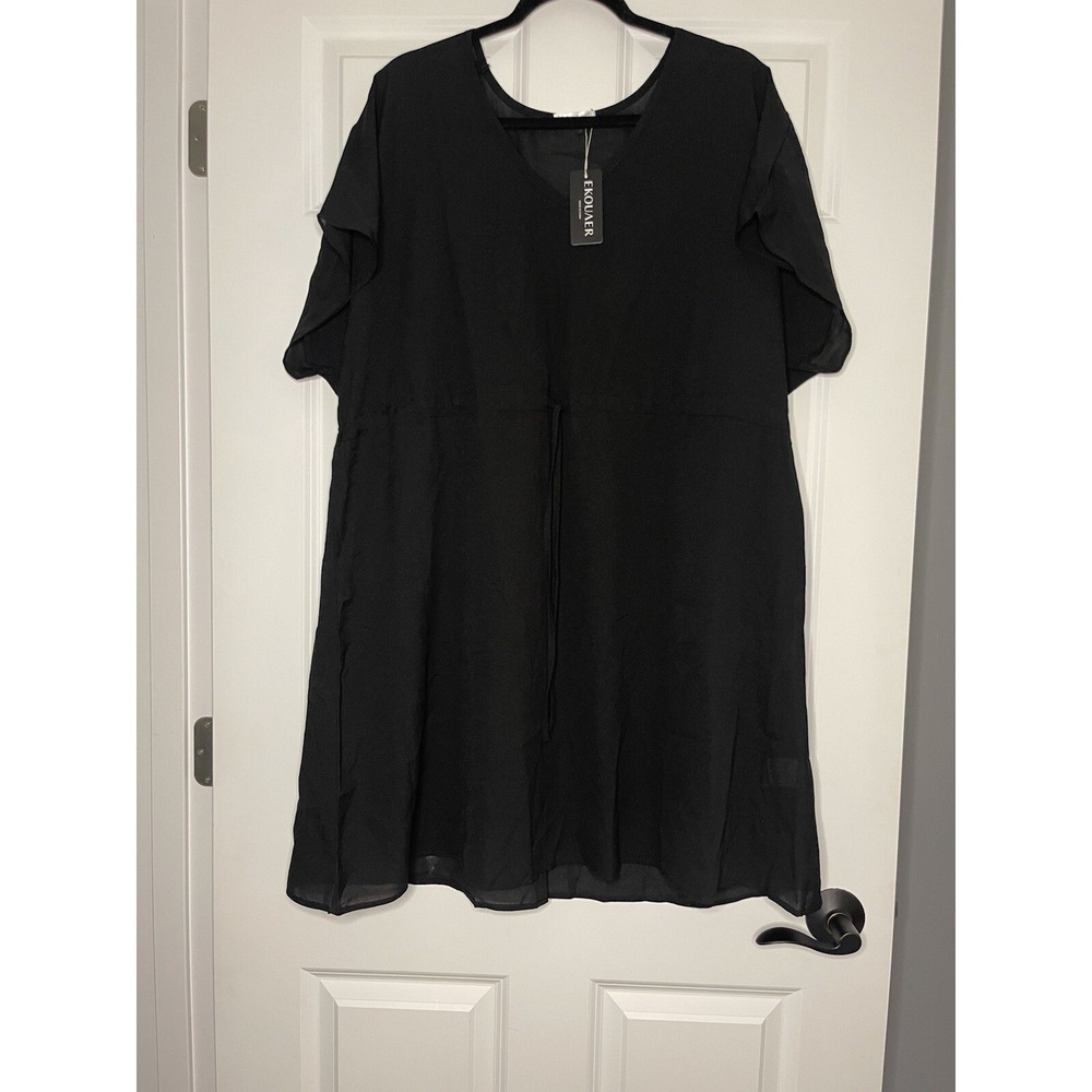 Ekouaer Plus Size Drawstring Waist Swimsuit Coverup Dress  XXL Black Nwt
